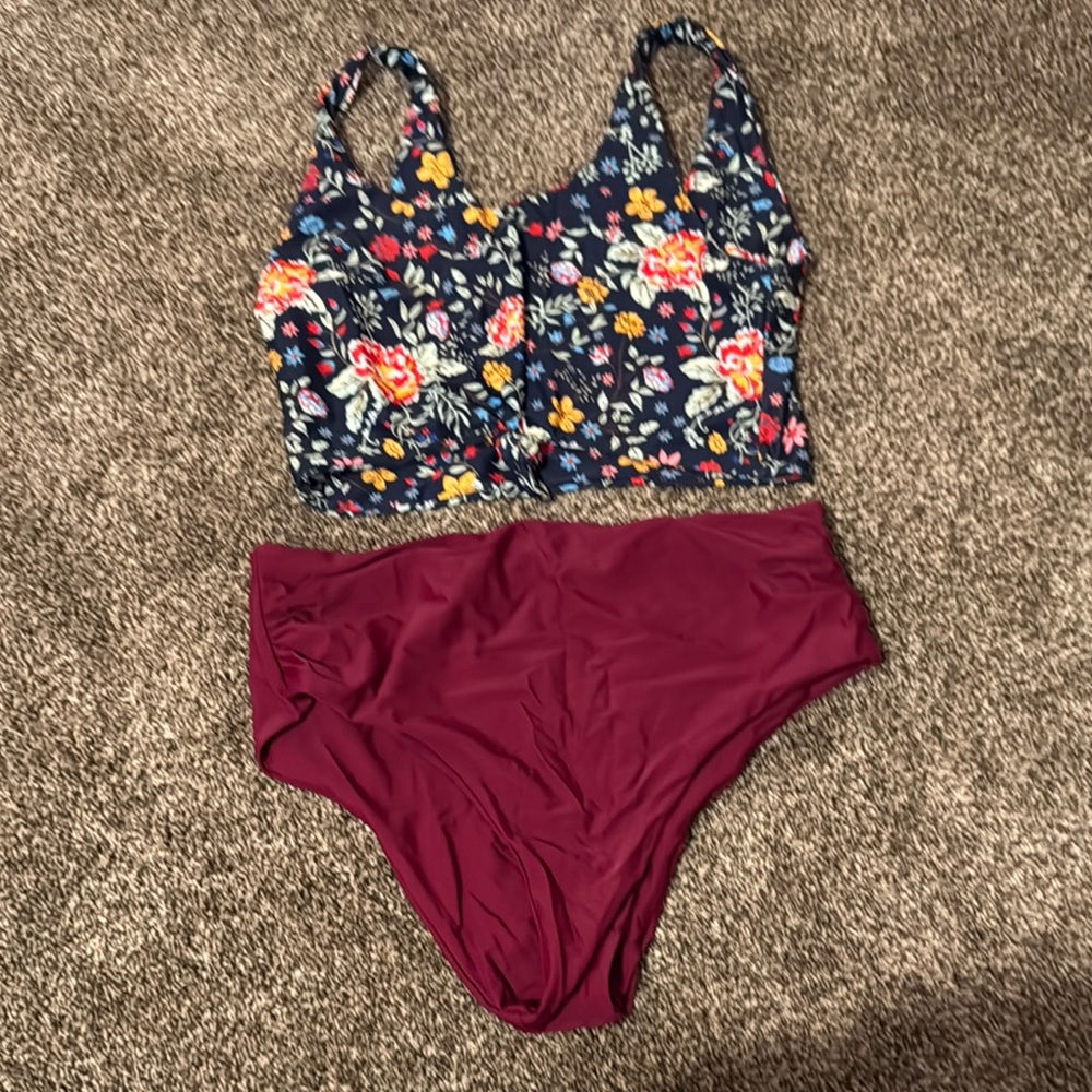 Floral Bikini Top and Burgundy Bottom